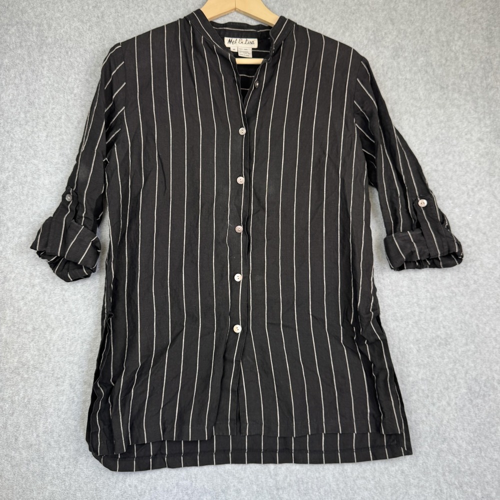 Mel & Lisa Top Womens Medium Black White Tunic Pinstripe 100% Linen Roll Tab
